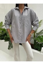 Çizgili Oversize Cepli Gömlek 27135