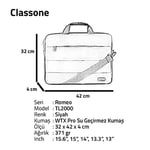 Classone Romeo Serisi TL2000 15.6 inch Uyumlu Su Geçirmez Kumaş, Notebook, Laptop , El Çantası- Siyah