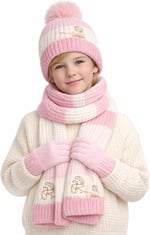 Çocuk Kış Seti, Pembe ve Beyaz, Ponponlu Bere, Atkı ve Eldiven, 3 Parça, Örgü Desenli