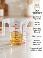 Çok Amaçlı Dereceli Ölçü Kabı 500 ml - Un, Şeker Sıvı ve Katı Ölçekli Hazne Ergonomik Maşrapa