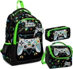Coral High Erkek Çocuk Üç Gözlü İlkokul Çanta Seti - Siyah Fosforlu Yeşil Gamer Desenli