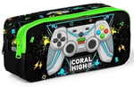 Coral High Erkek Çocuk Üç Gözlü İlkokul Çanta Seti - Siyah Fosforlu Yeşil Gamer Desenli