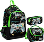 Coral High Erkek Çocuk Üç Gözlü İlkokul Çanta Seti - Siyah Fosforlu Yeşil Gamer Desenli