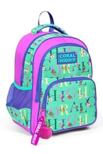 Coral High Kids Su Yeşili Açık Pembe Monogram Desenli Üç Bölmeli Okul Sırt Çantası 14410