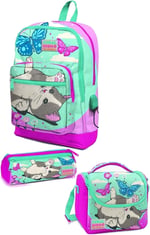 Coral High Kids Su Yeşili Pembe Kedi Desenli USB'li 3'lü Okul Çanta Seti Sırt Çantası - Kız Çocuk