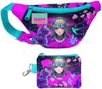 Coral High Kız Çocuk Mor Pembe Anime Kedi Desenli Bel Çantası ve Bozuk Para Cüzdanı Set