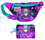 Coral High Kız Çocuk Mor Pembe Anime Kedi Desenli Bel Çantası ve Bozuk Para Cüzdanı Set
