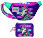 Coral High Kız Çocuk Pembe Su Yeşili Unicorn Desenli Bel Çantası ve Bozuk Para Cüzdanı Set