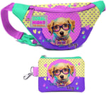 Coral High Kız Çocuk Sarı Pembe Sevimli Köpek Desenli Bel Çantası ve Bozuk Para Cüzdanı Set