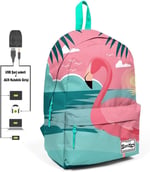 Coral High Yeşil Pembe Flamingo Desenli Sırt Çantası - Okul ve Günlük - USB+AUX Soketli