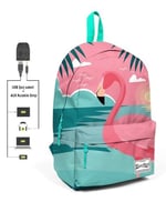 Coral High Yeşil Pembe Flamingo Desenli Sırt Çantası - Okul ve Günlük - USB+AUX Soketli