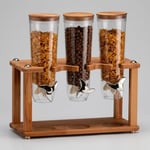 Cornflakes aleti Üçlü Tahıl Dispenseri, Ahşap Standlı, Şeffaf Plastik Konteyner, Gümüş Çevirme Kollu, Mutfak İçin