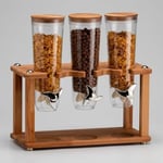 Cornflakes aleti Üçlü Tahıl Dispenseri, Ahşap Standlı, Şeffaf Plastik Konteyner, Gümüş Çevirme Kollu, Mutfak İçin