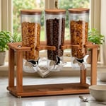 Cornflakes aleti Üçlü Tahıl Dispenseri, Ahşap Standlı, Şeffaf Plastik Konteyner, Gümüş Çevirme Kollu, Mutfak İçin