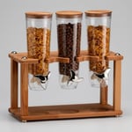 Cornflakes aleti Üçlü Tahıl Dispenseri, Ahşap Standlı, Şeffaf Plastik Konteyner, Gümüş Çevirme Kollu, Mutfak İçin