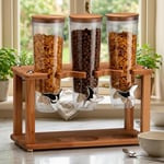 Cornflakes aleti Üçlü Tahıl Dispenseri, Ahşap Standlı, Şeffaf Plastik Konteyner, Gümüş Çevirme Kollu, Mutfak İçin