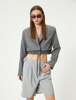 Crop Blazer Ceket Bel Detaylı Bağlamalı Kruvaze
