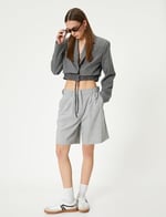 Crop Blazer Ceket Bel Detaylı Bağlamalı Kruvaze