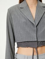 Crop Blazer Ceket Bel Detaylı Bağlamalı Kruvaze