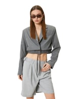 Crop Blazer Ceket Bel Detaylı Bağlamalı Kruvaze