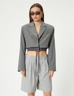 Crop Blazer Ceket Bel Detaylı Bağlamalı Kruvaze