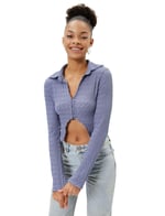 Crop Bluz Asimetrik Kesim Dokulu Slim Fit Uzun Kollu Gömlek Yaka Bürümcük