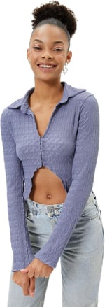 Crop Bluz Asimetrik Kesim Dokulu Slim Fit Uzun Kollu Gömlek Yaka Bürümcük