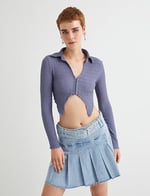 Crop Bluz Asimetrik Kesim Dokulu Slim Fit Uzun Kollu Gömlek Yaka Bürümcük