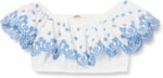 Crop Bluz Düşük Omuz Fırfırlı Katlı Floral Desenli Pamuklu