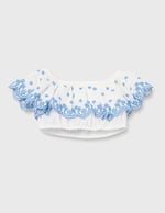 Crop Bluz Düşük Omuz Fırfırlı Katlı Floral Desenli Pamuklu