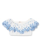 Crop Bluz Düşük Omuz Fırfırlı Katlı Floral Desenli Pamuklu