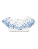 Crop Bluz Düşük Omuz Fırfırlı Katlı Floral Desenli Pamuklu
