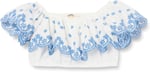 Crop Bluz Düşük Omuz Fırfırlı Katlı Floral Desenli Pamuklu