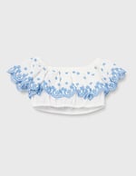 Crop Bluz Düşük Omuz Fırfırlı Katlı Floral Desenli Pamuklu