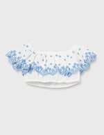 Crop Bluz Düşük Omuz Fırfırlı Katlı Floral Desenli Pamuklu