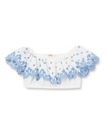 Crop Bluz Düşük Omuz Fırfırlı Katlı Floral Desenli Pamuklu