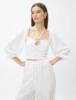 Crop Bluz Gipeli Balon Kol Yaka Detaylı