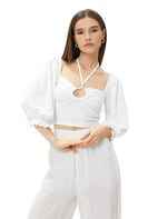 Crop Bluz Gipeli Balon Kol Yaka Detaylı