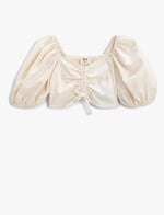 Crop Bluz Keten Karışımlı Balon Kollu Büzgü Detaylı