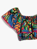 Crop Bluz Kolsuz Açık Omuz Fırfırlı Floral Desenli
