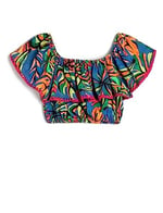 Crop Bluz Kolsuz Açık Omuz Fırfırlı Floral Desenli