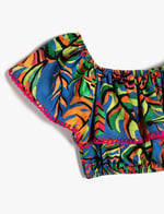 Crop Bluz Kolsuz Açık Omuz Fırfırlı Floral Desenli