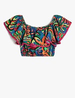 Crop Bluz Kolsuz Açık Omuz Fırfırlı Floral Desenli