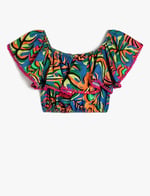 Crop Bluz Kolsuz Açık Omuz Fırfırlı Floral Desenli