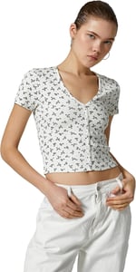 Crop Çiçekli Tişört Düğmeli V Yaka Ribanalı Slim Fit Kısa Kollu Pamuklu