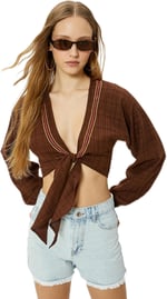 Crop Kimono Önden Bağlamalı Slim Fit Uzun Kollu