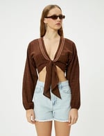 Crop Kimono Önden Bağlamalı Slim Fit Uzun Kollu