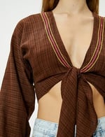 Crop Kimono Önden Bağlamalı Slim Fit Uzun Kollu