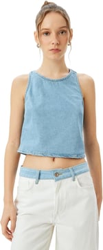 Crop Kolsuz Sırt Detaylı Bisiklet Yaka Denim Atlet