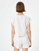 Crop Pijama Üstü Kısa Kollu Bisiklet Yaka Nakışlı Fitilli Viskon Karışımlı
